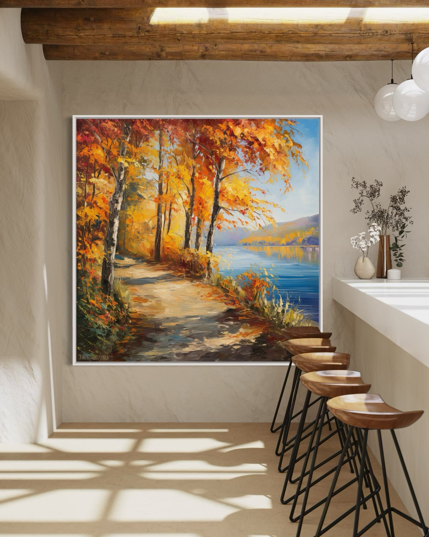 Golden Autumn Walkway by the Lake – Original Oil Painting