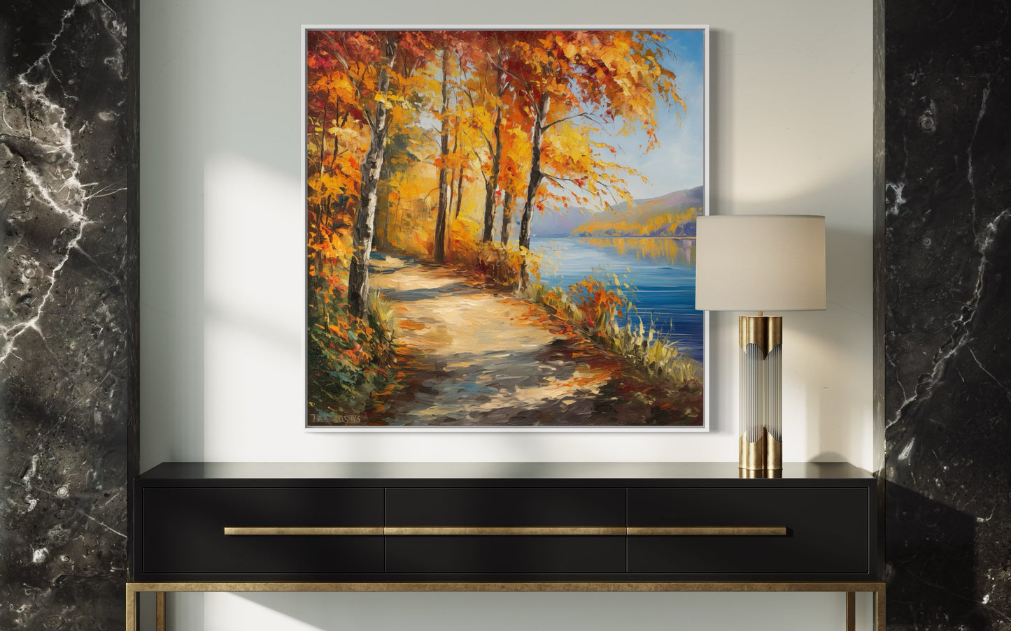 Golden Autumn Walkway by the Lake – Original Oil Painting