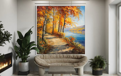 Golden Autumn Walkway by the Lake – Original Oil Painting