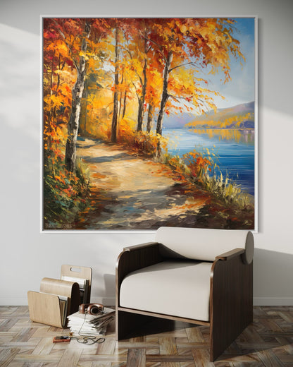 Golden Autumn Walkway by the Lake – Original Oil Painting