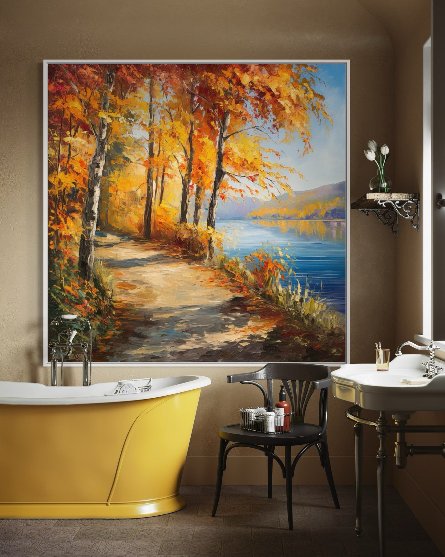 Golden Autumn Walkway by the Lake – Original Oil Painting