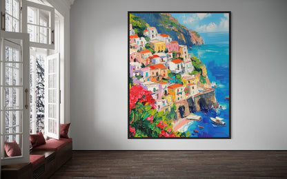 Seaside Village: Picturesque Coastal Town Oil Painting