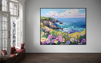 Floral Cliffs: Vibrant Coastal Wildflowers Oil Artwork