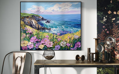 Floral Cliffs: Vibrant Coastal Wildflowers Oil Artwork