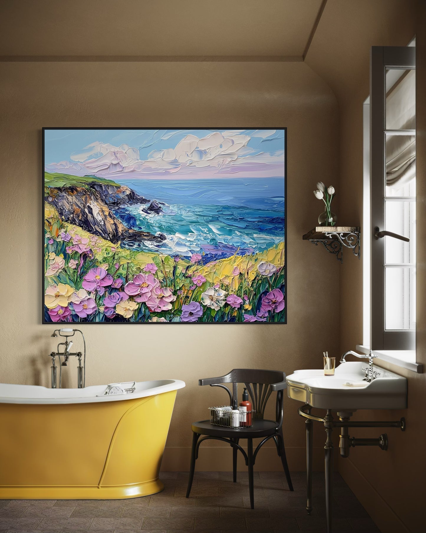 Floral Cliffs: Vibrant Coastal Wildflowers Oil Artwork