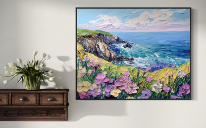 Floral Cliffs: Vibrant Coastal Wildflowers Oil Artwork