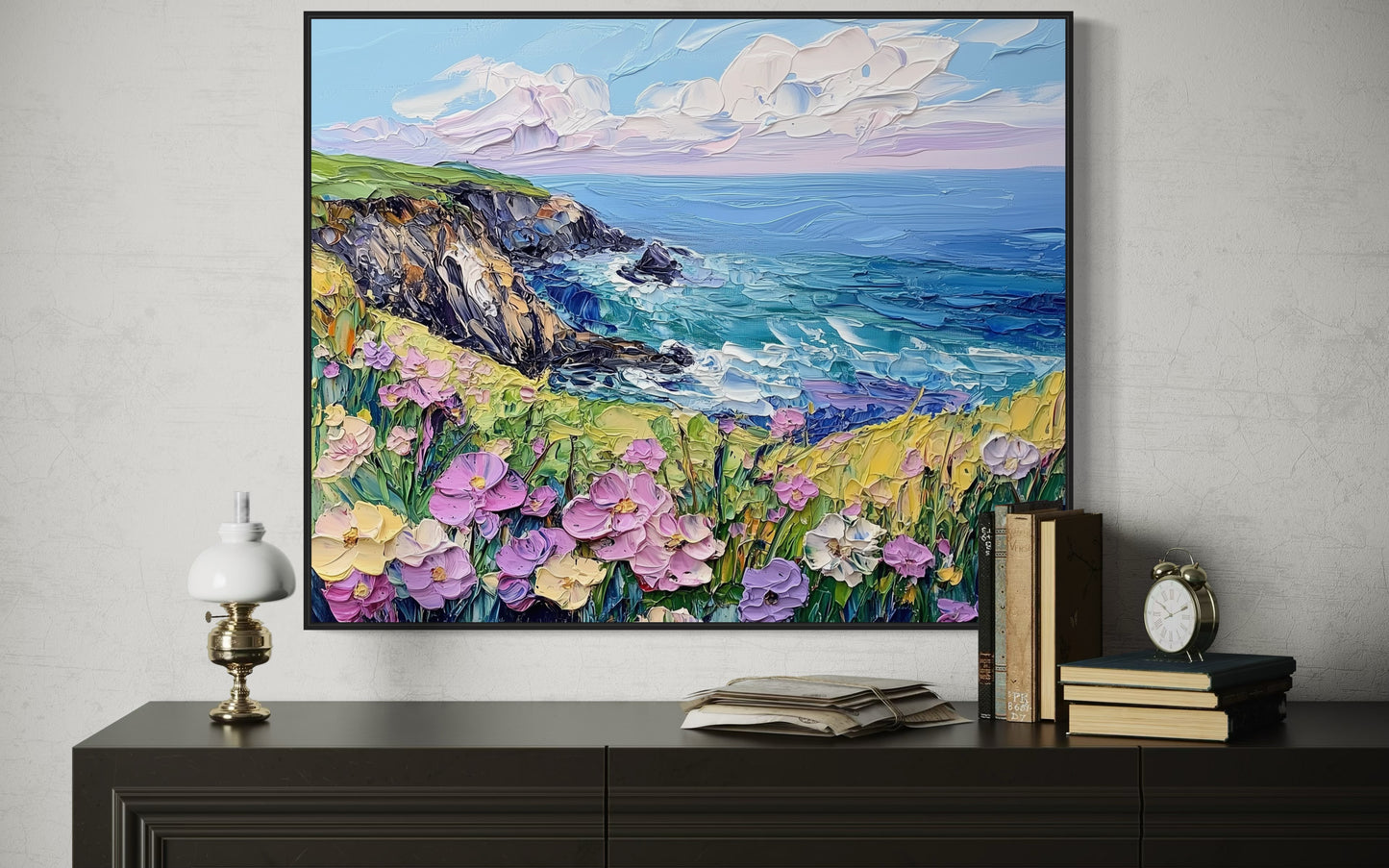 Cliffside Breeze: Oceanview Landscape Oil Art