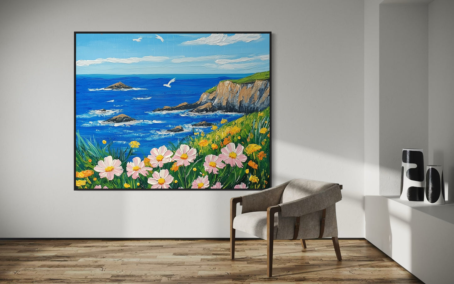 Cliffside Breeze: Oceanview Landscape Oil Art