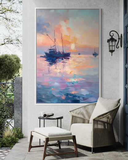 Golden Horizon Sailboat Artwork - Romantic Sunset Seascape