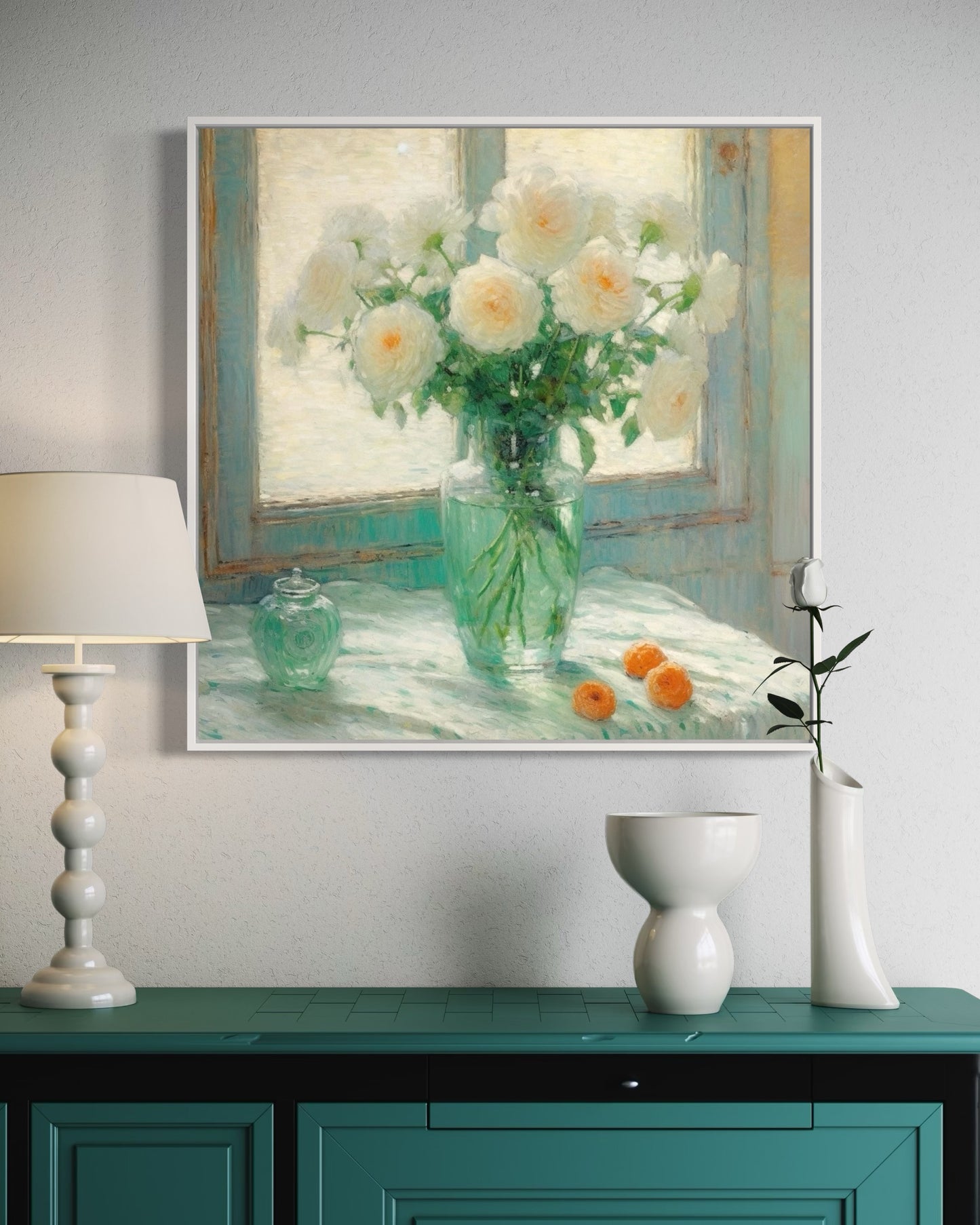 White Roses by the Window - Classic Still Life Oil Painting