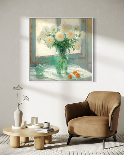 White Roses by the Window - Classic Still Life Oil Painting