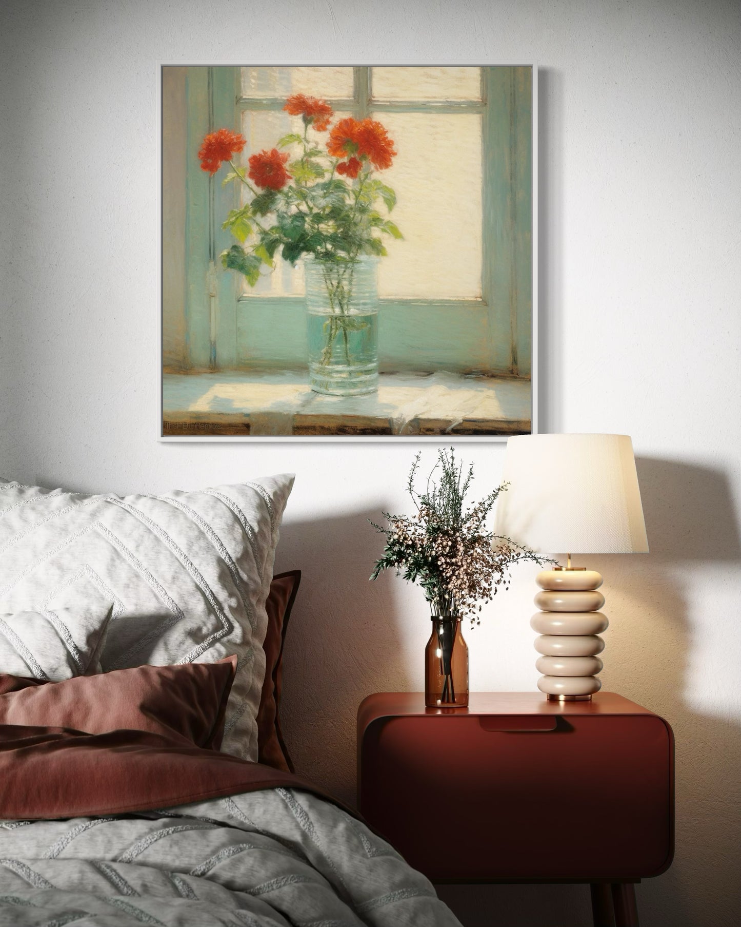 Red Dahlias in a Vase - Elegant Still Life Oil Painting