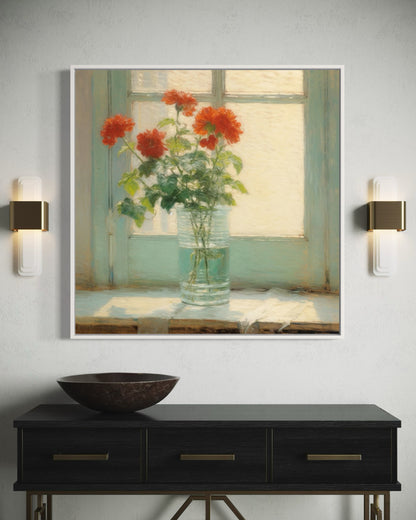 Red Dahlias in a Vase - Elegant Still Life Oil Painting