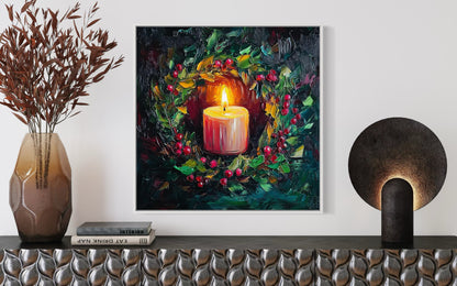 Candlelight Holly Christmas Art - Cozy Holiday Candle Painting