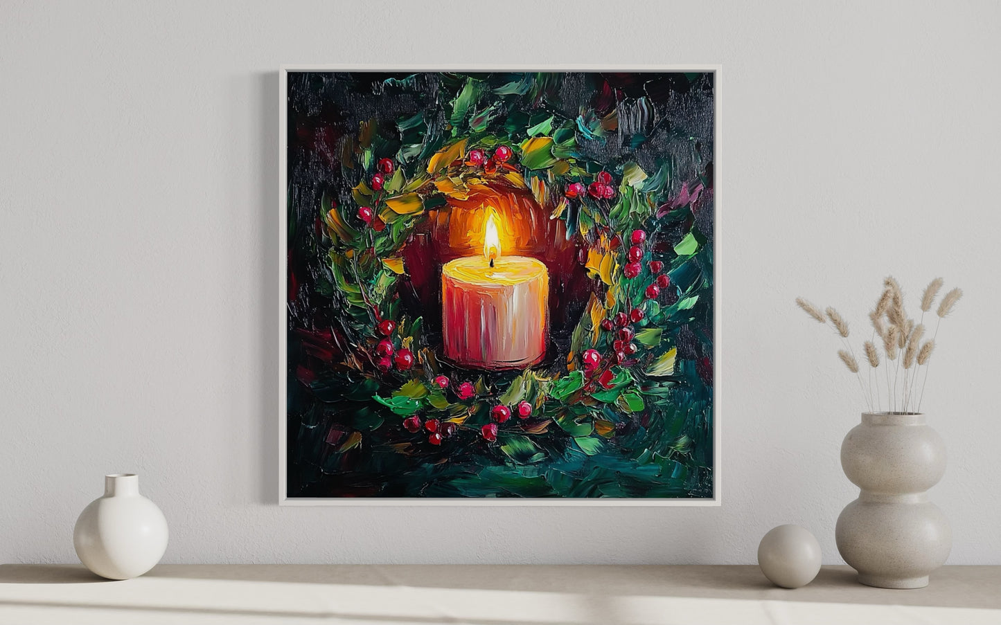 Candlelight Holly Christmas Art - Cozy Holiday Candle Painting