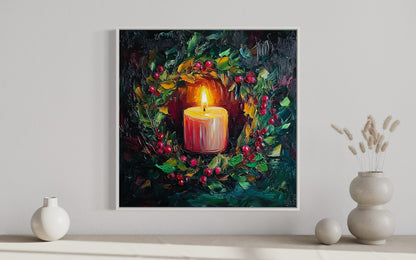 Candlelight Holly Christmas Art - Cozy Holiday Candle Painting