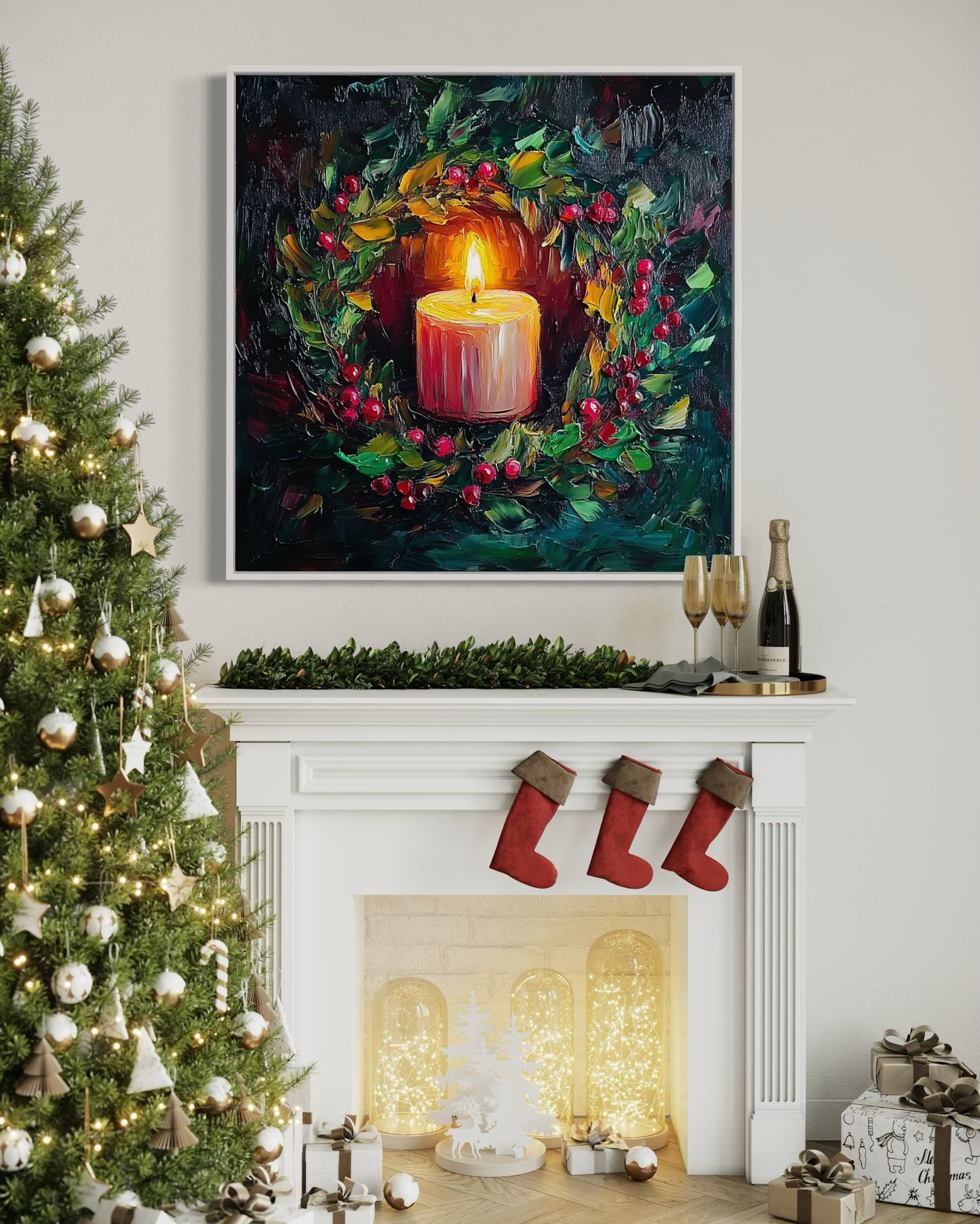 Candlelight Holly Christmas Art - Cozy Holiday Candle Painting