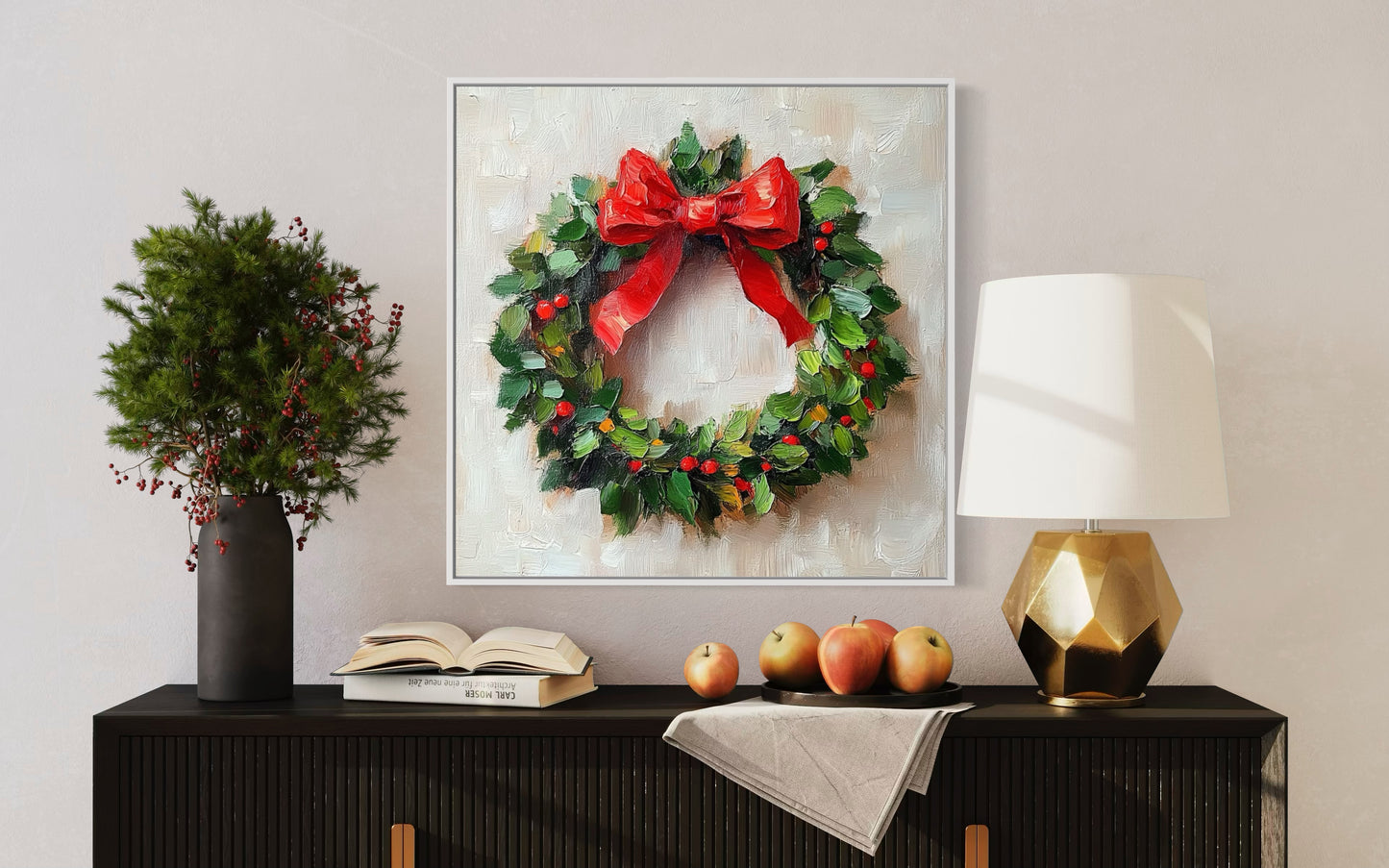 Festive Christmas Wreath Painting - Holiday Wall Art for Seasonal Decor