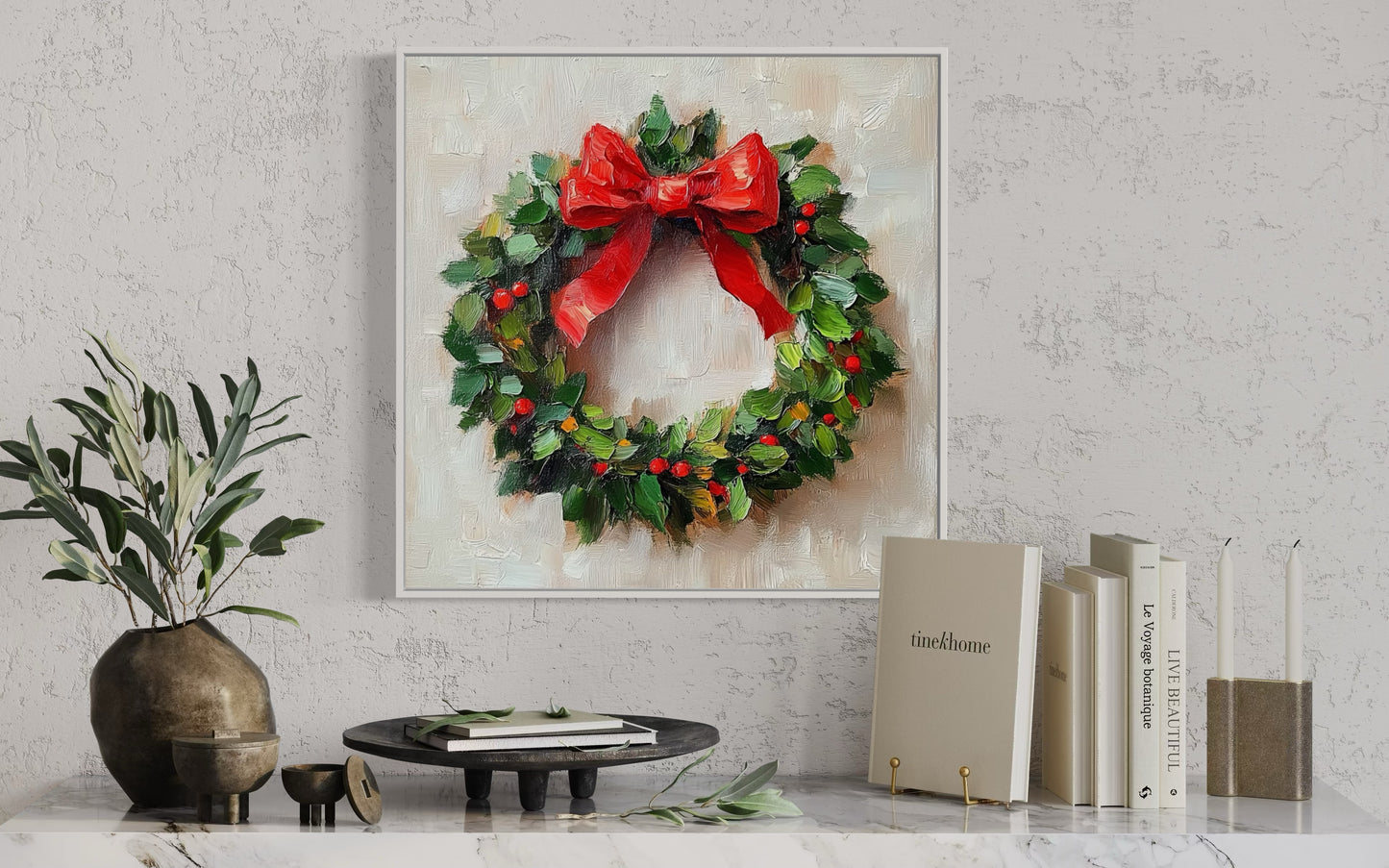 Festive Christmas Wreath Painting - Holiday Wall Art for Seasonal Decor