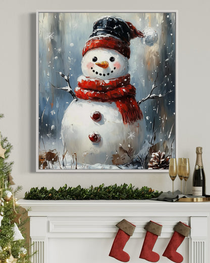 Charming Snowman with Black Hat - Winter Wonderland Oil Painting