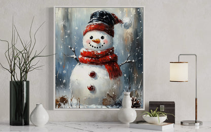 Charming Snowman with Black Hat - Winter Wonderland Oil Painting