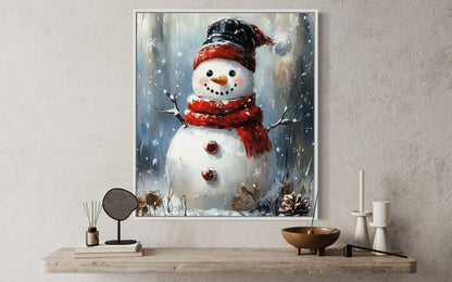 Charming Snowman with Black Hat - Winter Wonderland Oil Painting