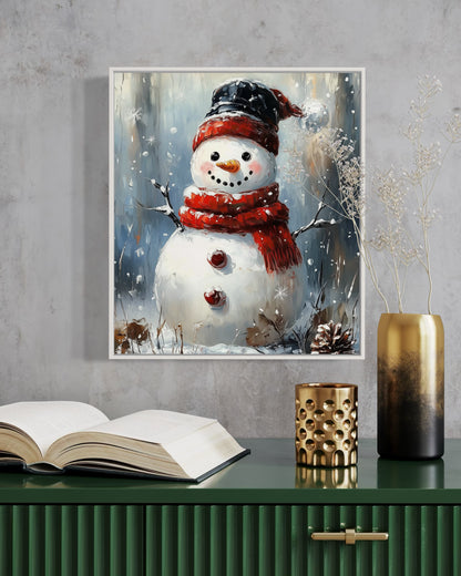 Charming Snowman with Black Hat - Winter Wonderland Oil Painting