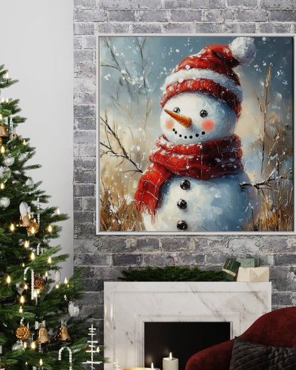 Joyful Snowman with Red Hat - Festive Holiday Oil Painting