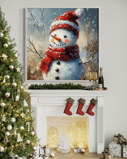 Joyful Snowman with Red Hat - Festive Holiday Oil Painting