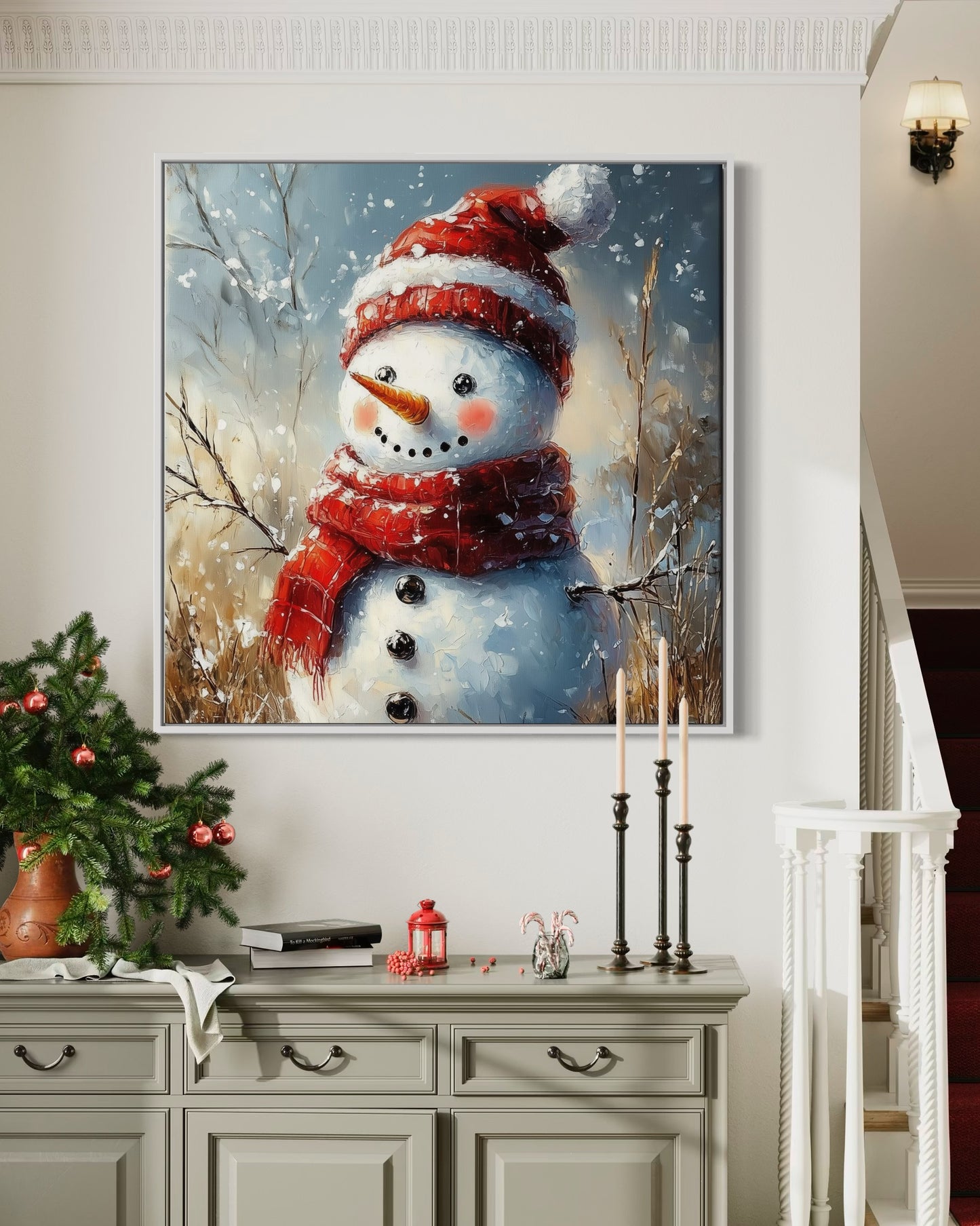 Joyful Snowman with Red Hat - Festive Holiday Oil Painting