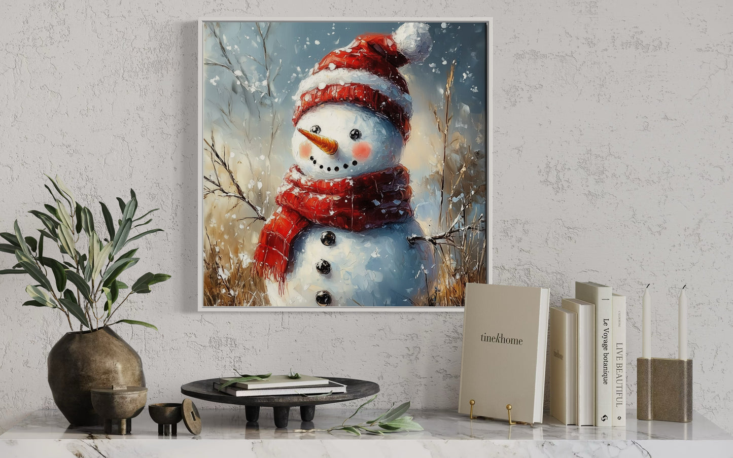 Joyful Snowman with Red Hat - Festive Holiday Oil Painting