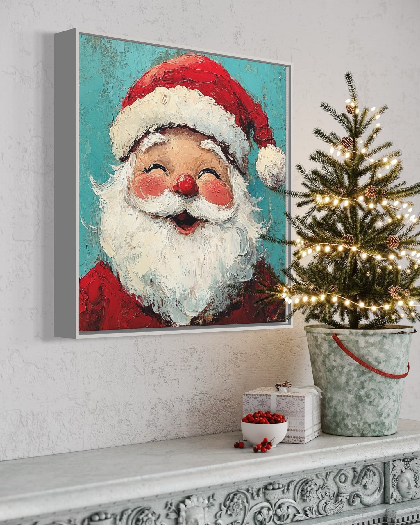 Jolly Santa Claus in Blue - Classic Christmas Oil Painting