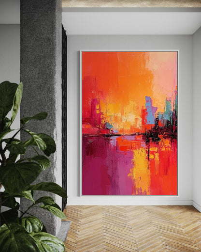 Fiery Cityscape - Abstract Sunset Urban Skyline Painting