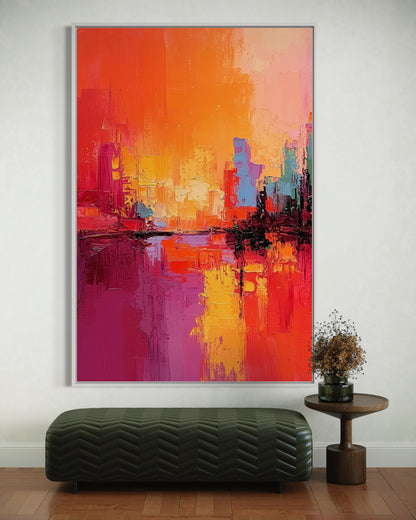 Fiery Cityscape - Abstract Sunset Urban Skyline Painting