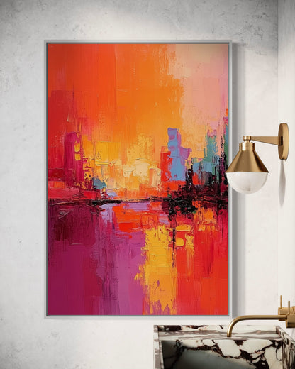 Fiery Cityscape - Abstract Sunset Urban Skyline Painting