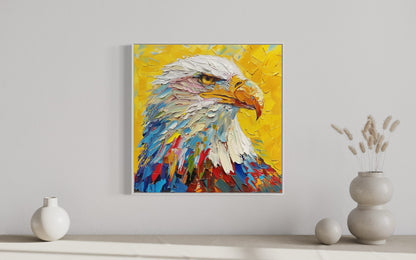 Vibrant Eagle Portrait Oil Painting - Dynamic Yellow Background Canvas Art