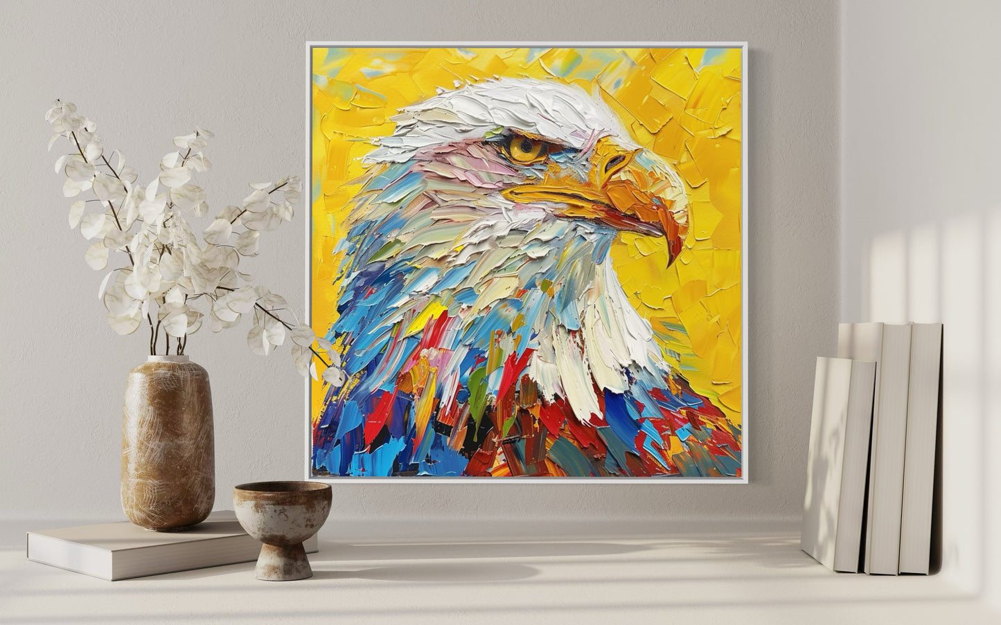 Vibrant Eagle Portrait Oil Painting - Dynamic Yellow Background Canvas Art