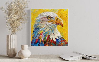 Vibrant Eagle Portrait Oil Painting - Dynamic Yellow Background Canvas Art