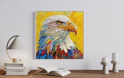 Vibrant Eagle Portrait Oil Painting - Dynamic Yellow Background Canvas Art