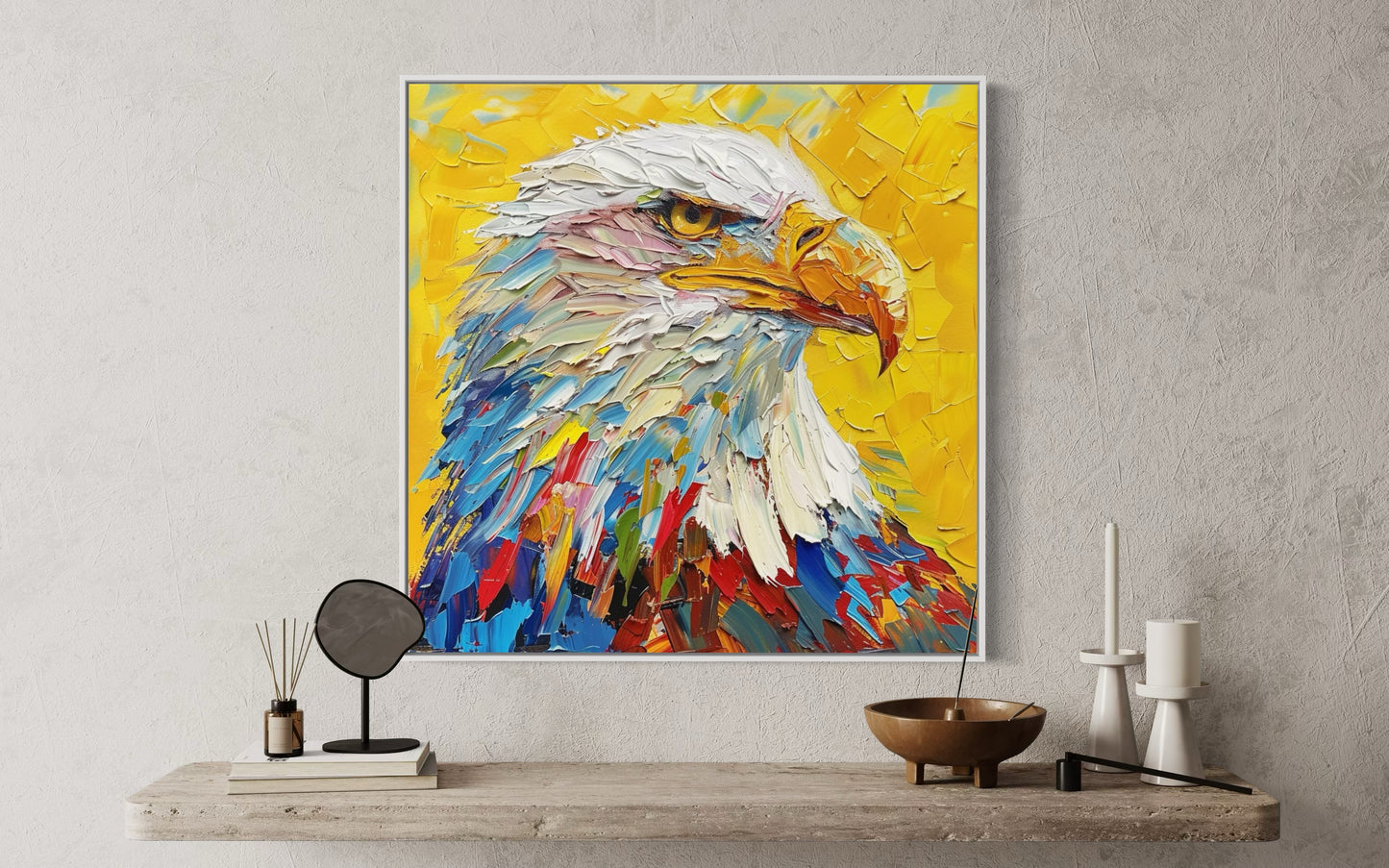 Vibrant Eagle Portrait Oil Painting - Dynamic Yellow Background Canvas Art