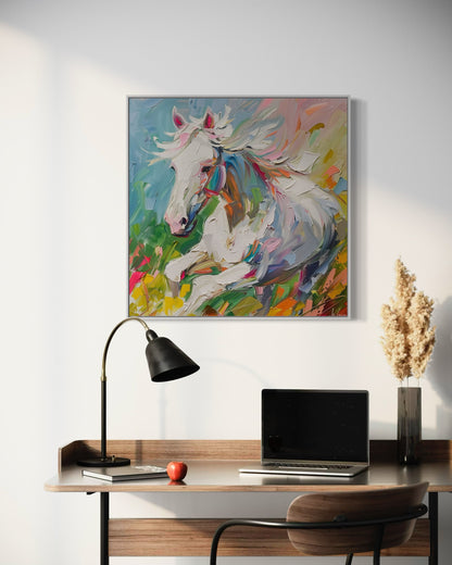 Dynamic White Stallion Oil Painting - Energetic Horse Canvas Art for Living Room Decor