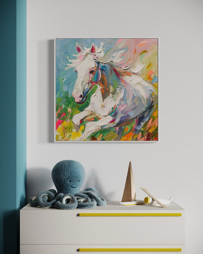 Dynamic White Stallion Oil Painting - Energetic Horse Canvas Art for Living Room Decor