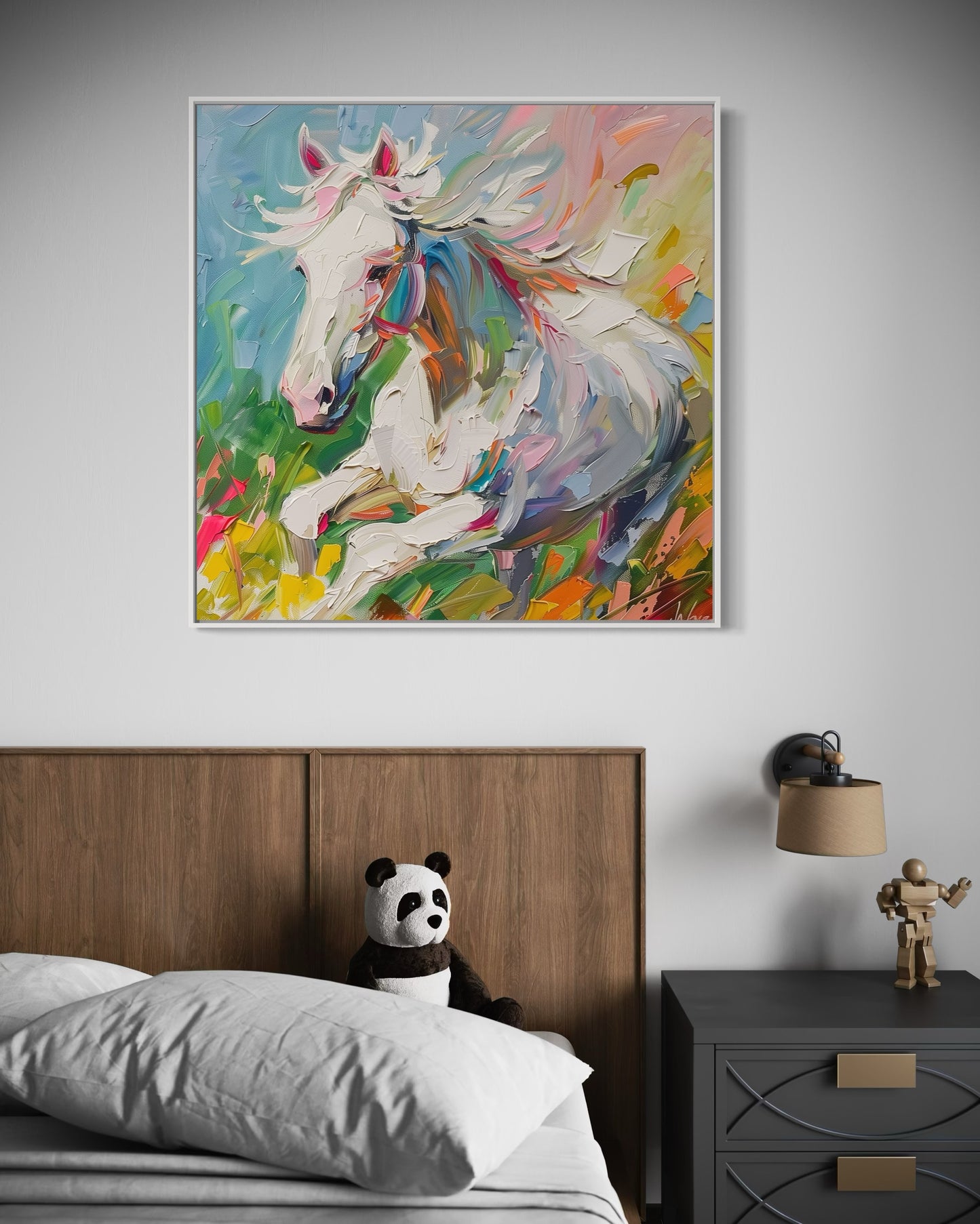 Dynamic White Stallion Oil Painting - Energetic Horse Canvas Art for Living Room Decor