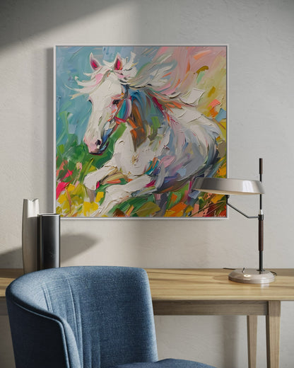 Dynamic White Stallion Oil Painting - Energetic Horse Canvas Art for Living Room Decor