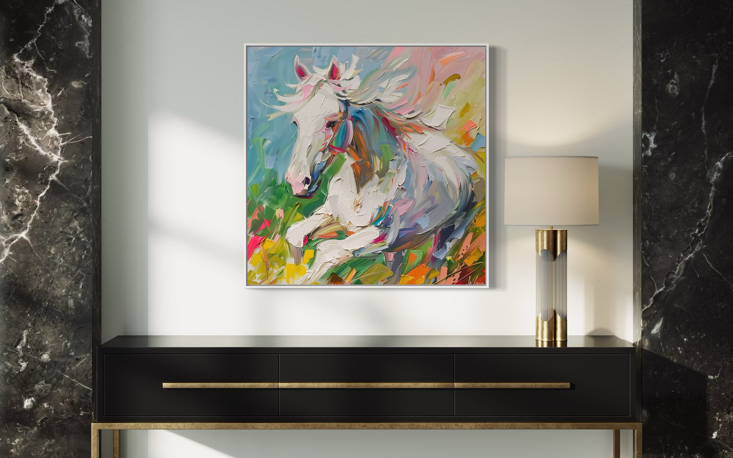 Dynamic White Stallion Oil Painting - Energetic Horse Canvas Art for Living Room Decor