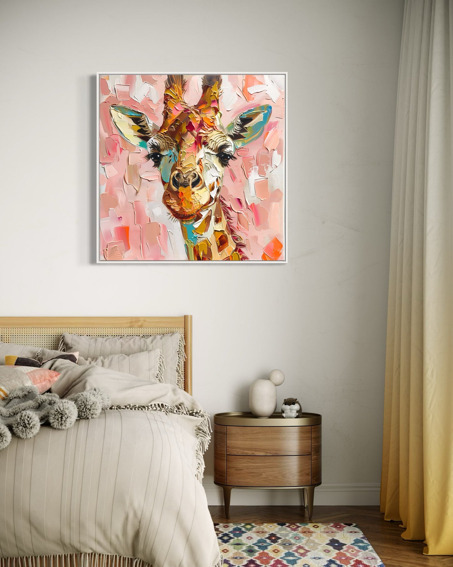 Charming Giraffe Oil Painting - Playful Animal Art with Soft Pink Background