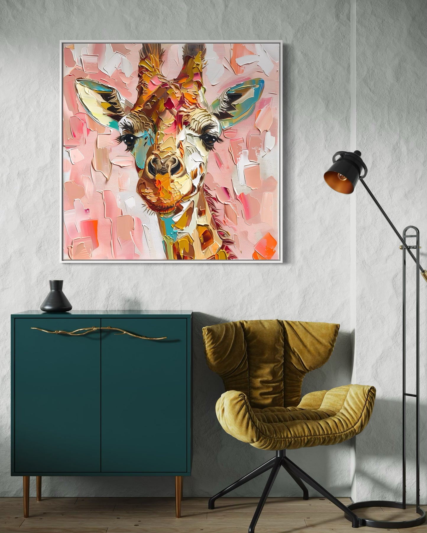 Charming Giraffe Oil Painting - Playful Animal Art with Soft Pink Background