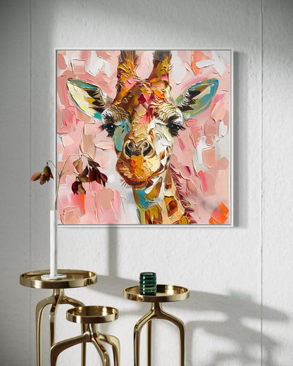 Charming Giraffe Oil Painting - Playful Animal Art with Soft Pink Background