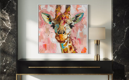 Charming Giraffe Oil Painting - Playful Animal Art with Soft Pink Background