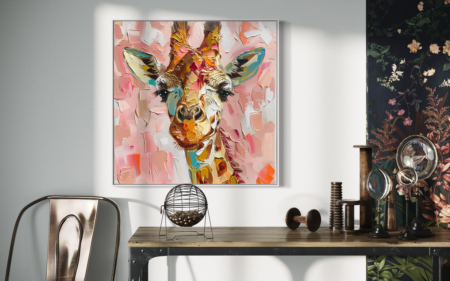 Charming Giraffe Oil Painting - Playful Animal Art with Soft Pink Background